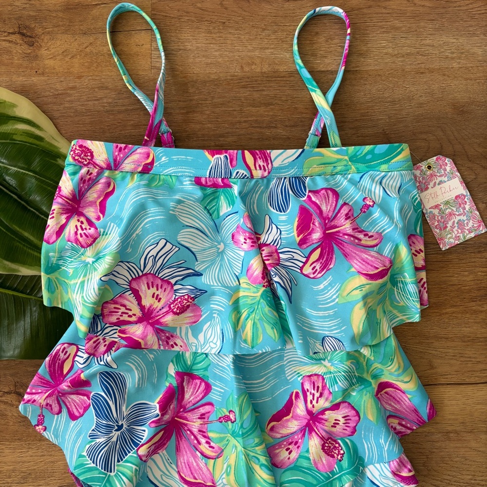 Turquoise Floral Ruffle One-Piece Swimsuit - Picture 2 of 5